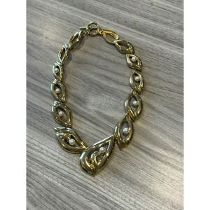 Vintage Gold Tone Faux Pearl Swirl Link Statement Necklace Toggle Clasp 16"